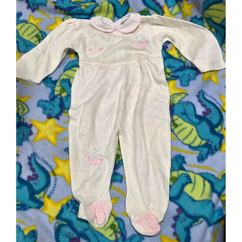 Friedknit Creations Baby Girls White Knit Footed Sleeper Gingham Ducks 9M